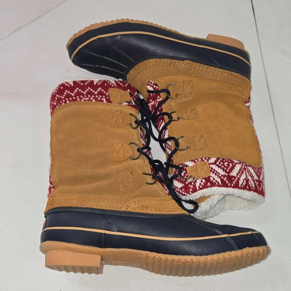 Khombu Vail Womens 9.5 Duck Boots Tan Leather Faux Fur Red White Sweater Trim